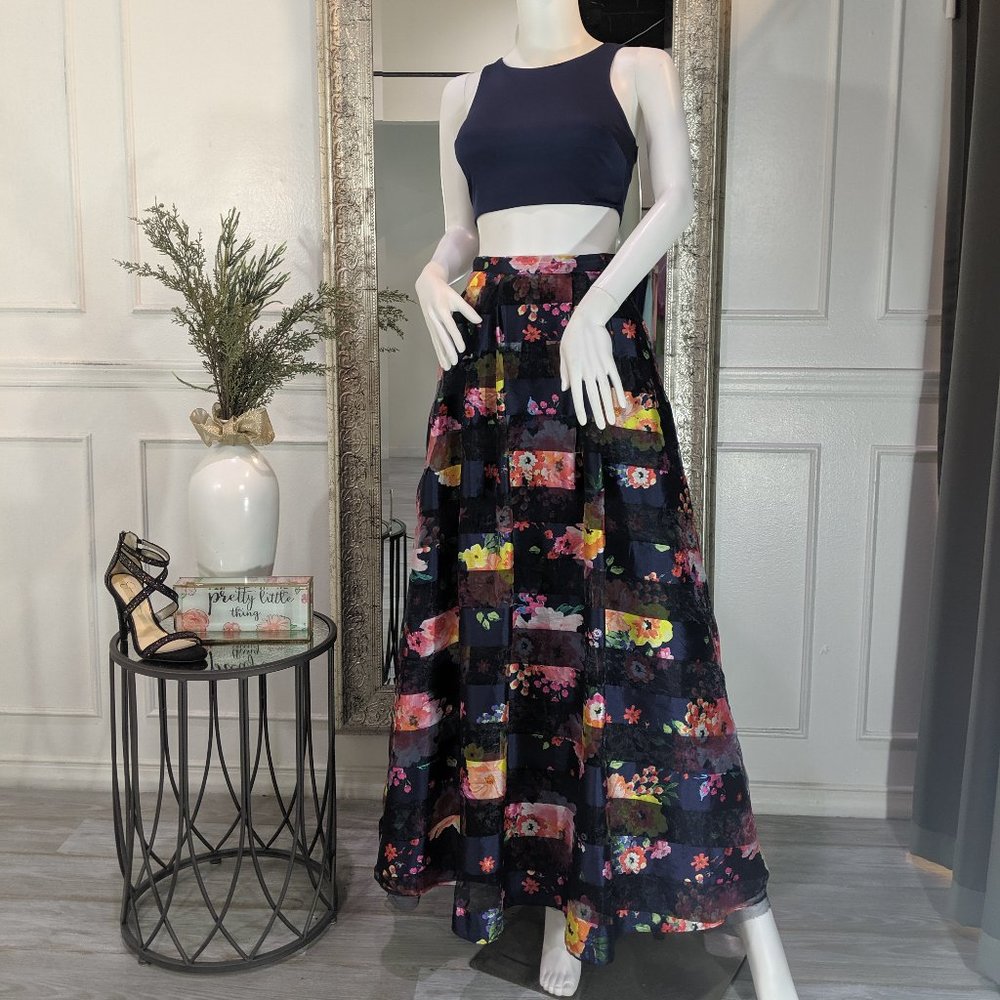 Two Piece Floral Formal Evening Prom Dress Gown